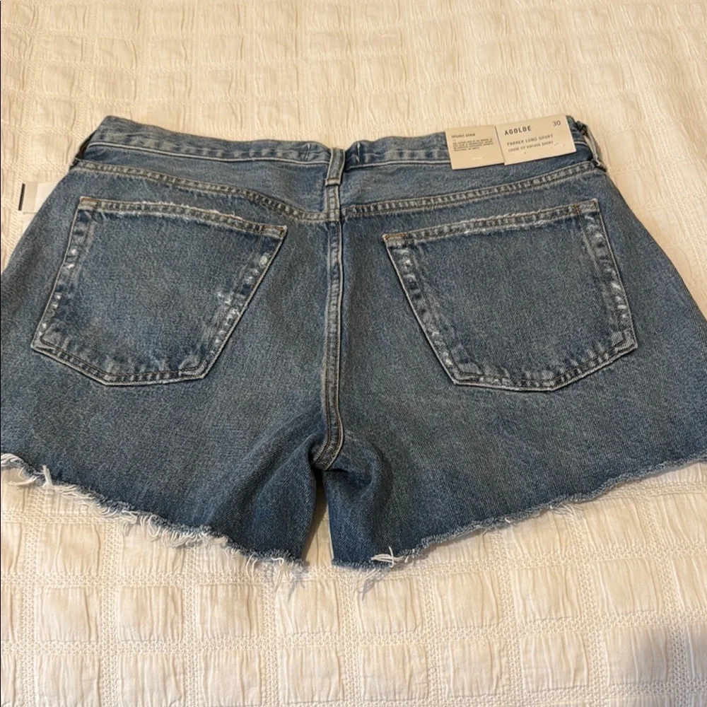 Agolde Blue Jean Shorts High-Waisted Frayed Hem - Picture 2 of 7